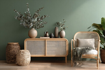 a minimalist boho living room scene with cane furniture and dried eucalyptus