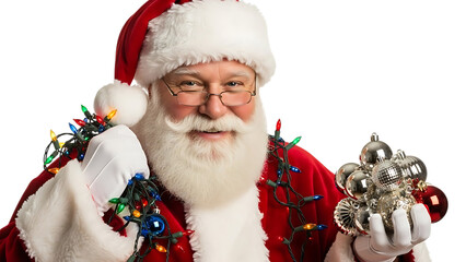 Santa Claus holding Christmas ornaments and lights holiday festive