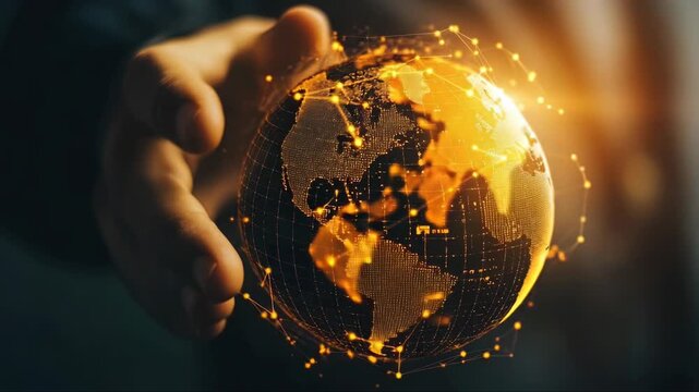 A digital artwork of a person's hand holding an earth globe, symbolizing global connectivity and world unity through technology and communication.