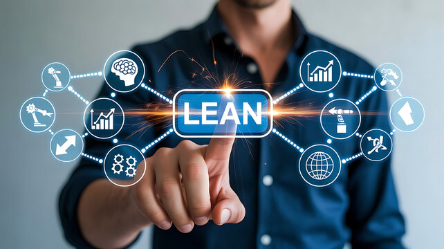 Business Man Touching Lean Management Interface for Process Optimization - Powered by Adobe