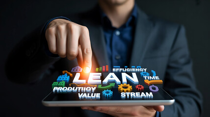 Business Man Touching Lean Management Interface for Process Optimization