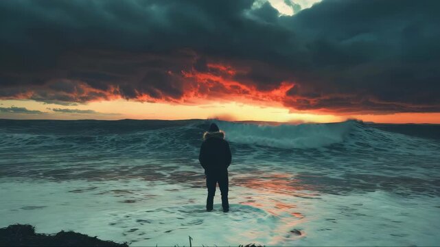 A person standing on a beach during sunset with storm clouds in the sky.