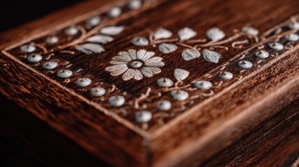 Medium shot highlighting floral wood inlay patterns with delicate petals and leaves carved into polished wood surfaces for elegant decor.