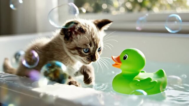 Playful Kitten Swatting at Bubbles and Rubber Duck Toy