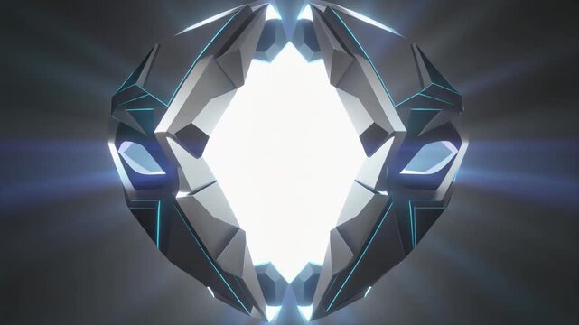 Futuristic black metallic mask with glowing eyes on dark background