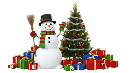 Snowman with Christmas Tree and Presents on Black Background gifts holiday