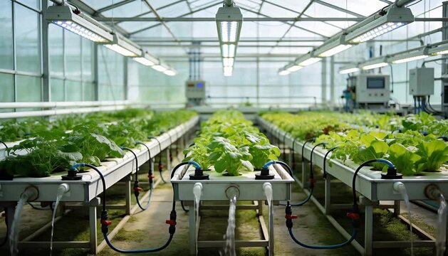 Indoor farm growing leafy greens with hydroponics and led lighting, controlled agriculture, sustainable.