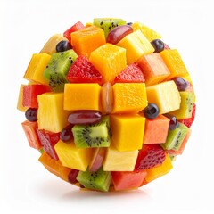 Sph&egrave;re compos&eacute;e de cubes de fruits, isol&eacute;e sur fond blanc. Generated Image. 