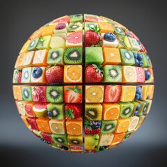 Plan&egrave;te v&eacute;g&eacute;tarienne avec cubes de fruits composant une sph&egrave;re, isol&eacute;e sur fond gris. Generated Image.