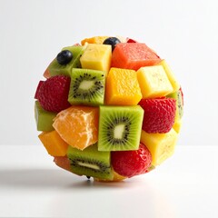 Sph&egrave;re compos&eacute;e de cubes de fruits, isol&eacute;e sur fond blanc. Generated Image. 