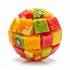 Sph&egrave;re compos&eacute;e de cubes de fruits, isol&eacute;e sur fond blanc. Generated Image. 