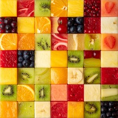 Fond compos&eacute; de cubes de fruits diversifi&eacute;s dispos&eacute;s en mosa&iuml;que. Generated Image. 