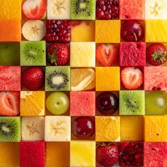 Fond compos&eacute; de cubes de fruits diversifi&eacute;s dispos&eacute;s en mosa&iuml;que. Generated Image. 