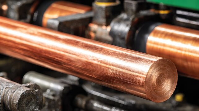 Mechanical copper rod rolling captured midaction focusing on automated rollers gripping solid copper rods demonstrating efficient manufacturing process in metalworking.