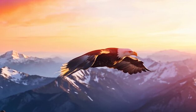 Majestic bald eagle soaring high above snow-capped mountains at sunrise, freedom flight eagle, bird, sky.
