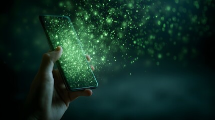 Smartphone Emitting Green Digital Particles into Dark Environment.