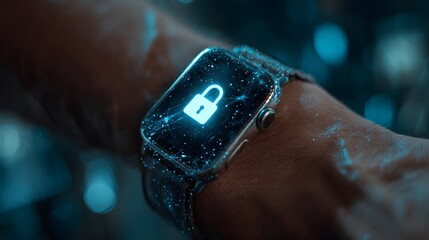 Smartwatch Displaying a Glowing Padlock Icon Symbolizing Security and Privacy.
