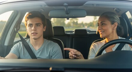 Obraz premium Young woman instructing teenage boy while driving in sunny car 