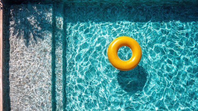 Top-down aerial view of a turquoise pool with a yellow float
