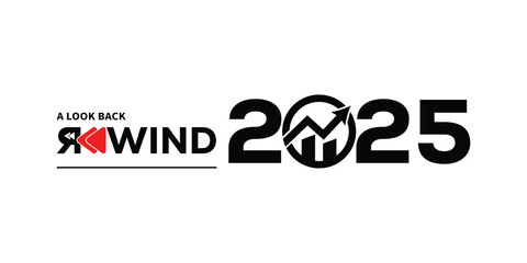 Bold “A Look Back Rewind 2025” typography with red play button icon and dynamic black year numbers on clean white background, ideal for year-in-review videos, social media recaps, highlight reels.