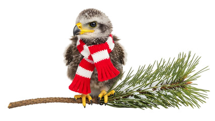 Young hawk wearing red and white striped scarf perched on pine branch bird young bird