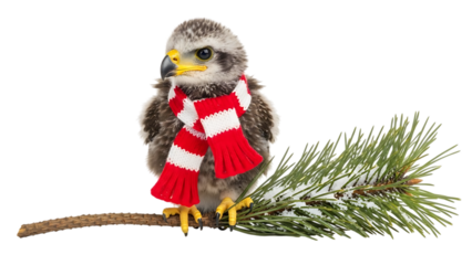 Young hawk wearing red and white striped scarf perched on pine branch bird young bird