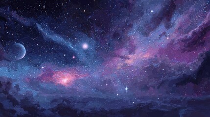 Cosmic Dawn: a vibrant nebula sunrise over a distant starry horizon