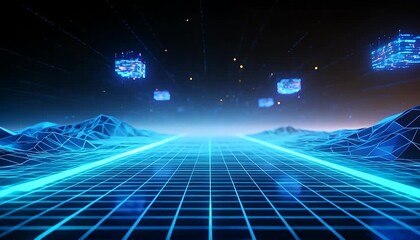 Digital landscape neon grid road with abstract glowing cubes data cyberspace motion digital, metaverse. - Powered by Adobe