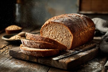 Cozy baking scene featuring a wholesome whole wheat loaf on a wooden surface