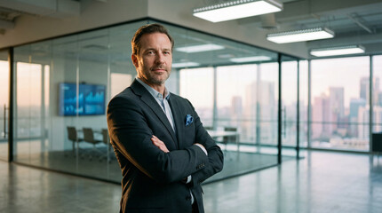 Confident executive portrait in modern glass-walled office