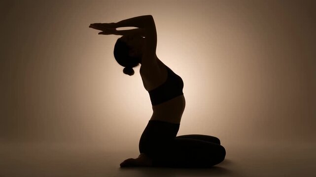 Silhouette of a young adult female performing a graceful yoga sequence for neck and back stretching. Panoramic collage showing mindful movement for wellness and flexibility