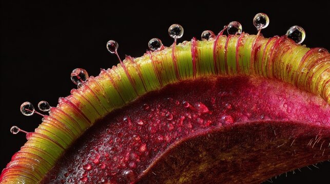 Close-up showcases a carnivorous plant's open trap, highlighted by water droplets and vibrant colors against a dark backdrop