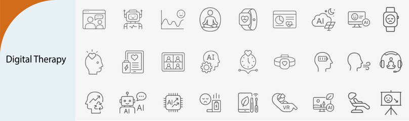 digital therapy icon set with mental health and wearable tech, minimal line vector design