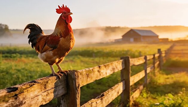 Rooster crowing on wooden fence at sunrise in rural farm field with barn and fog rooster crowing, mist, dew.