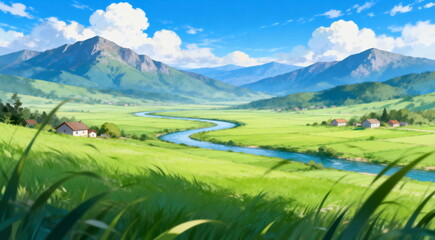 Obraz premium Scenic Valley with River and Rolling Hills