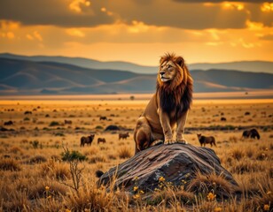 Majestic Lion Sentinel on the Savanna: Portrait of Power and Serenity at Dawn or Dusk in the African Wilderness