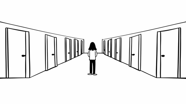 Person standing at hallway with many doors