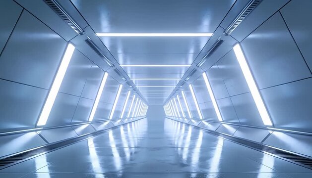 Futuristic space station corridor tunnel with glowing lights, sci fi background exploration, science fiction.