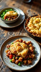 Cozy Shepherd's Pie Meal with Peas on Rustic Wooden Tabletop, Home-Cooked Comfort Food