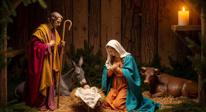 Nativity scene with figurine of infant in manger, Mary, Joseph, animals, and lit candle, set against rustic wood. Represents Christian Christmas story
