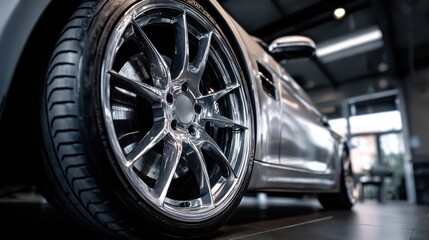 Detailed close-up of a wheel with alloy rim and rugged low-profile tire
