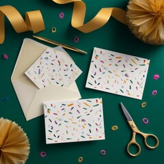 Blank greeting cards are elegantly arranged on a rich green surface, surrounded by golden ribbons, playful confetti, and a pair of shiny scissors. Ideal for creative projects and designs