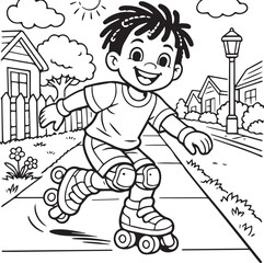 Funny cartoon illustration of a smiling boy and little girl on roller skates and another little girl on a scooter enjoying a fun childhood sport and outdoor education