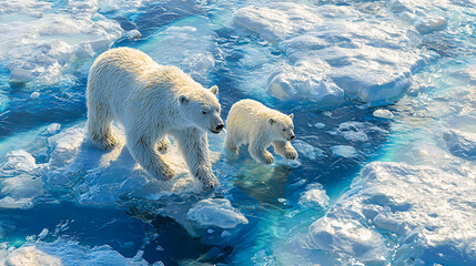 Polar Bear Family on Ice Floes
