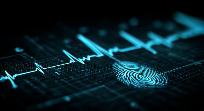 Fingerprint heartbeat cyber security biometric pulse data glowing heartbeat blends with digital - Powered by Adobe