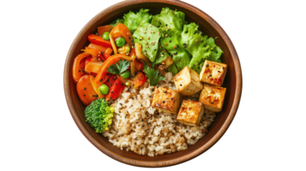 Balanced Japanese meals with tofu, brown rice, and mixed vegetables on transparent background