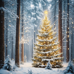 Glowing Christmas tree with golden lights in snowy winter forest
