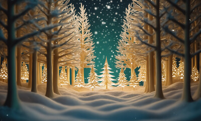 Glowing Christmas tree with golden lights in snowy winter forest

