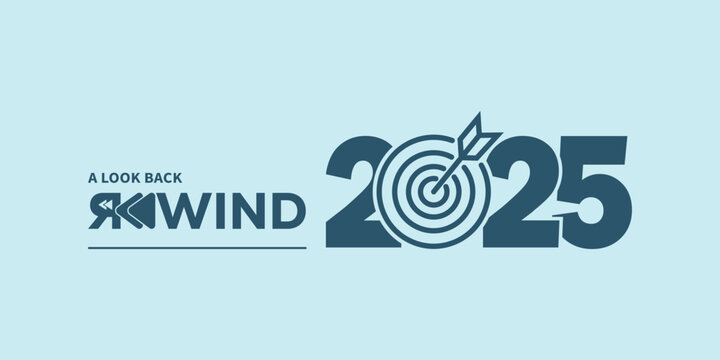 Modern &ldquo;A Look Back Rewind 2025&rdquo; typography in dark teal on light blue background, with stylized rewind icon and flowing year numbers, ideal for year-in-review videos, social media recaps, and present