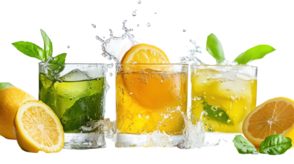 Drinks with green tea, yuzu juice, and barley tea dynamic liquid splash on transparent background